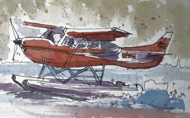 Red seaplane on water sketch