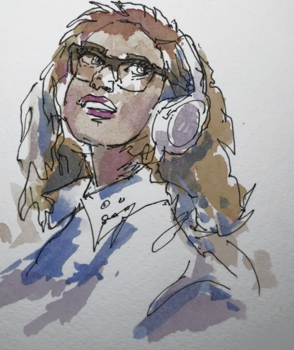 Watercolor portrait with headphones